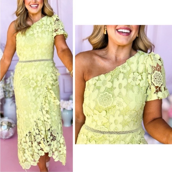 JUST ME Lime Crochet Lace One Shoulder Short Sleeve Midi Dress Just Me Sz. Large - Picture 1 of 13
